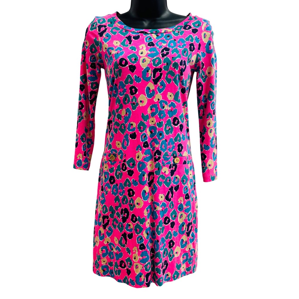Lilly Pulitzer Pink Pima Cotton Leopard Print‎ 3/4 Sleeve Shift Dress XXS 81335